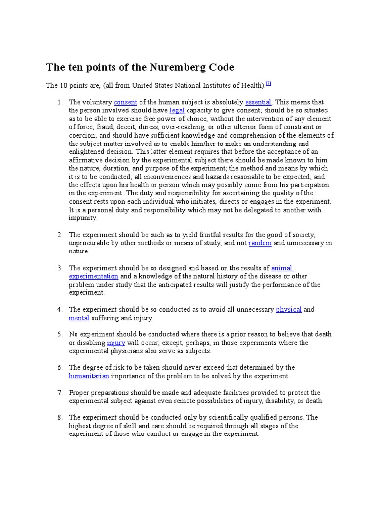 The Ten Points of the Nuremberg Code Consent Experiment