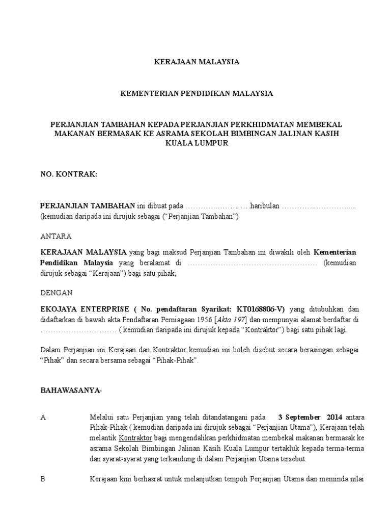 Contoh Surat Perjanjian Tenaga Pengajar Bagi Sesebuah Syarikat