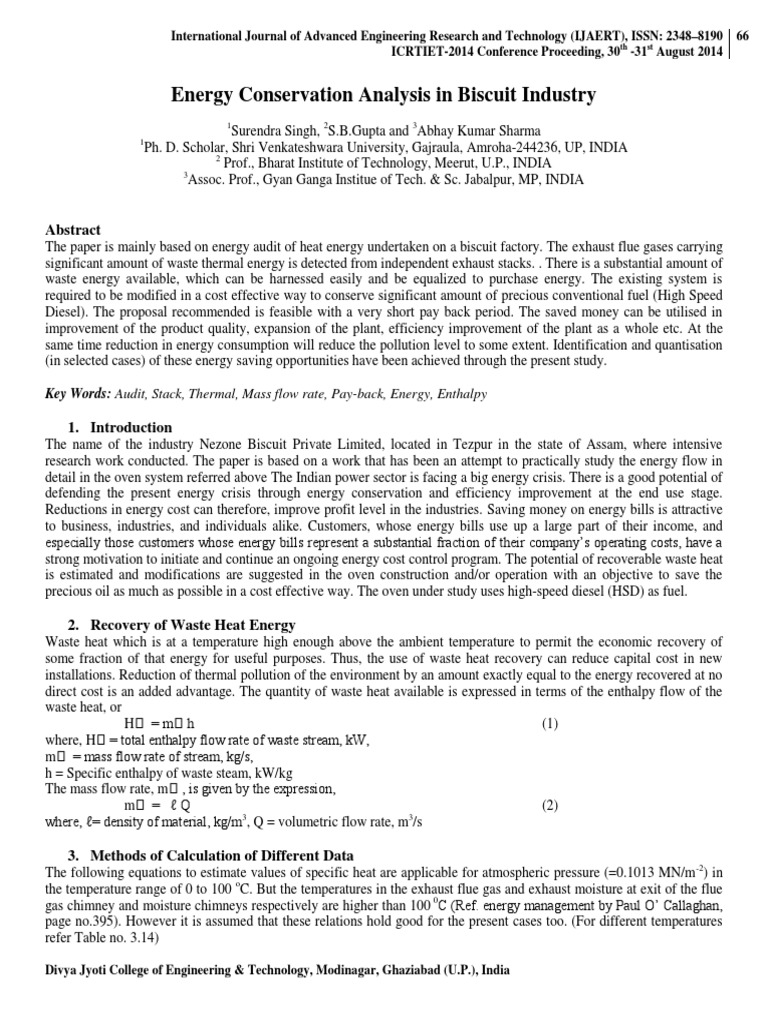 Energy Conservation Analysis in Biscuit Industry | PDF | Teaching ...