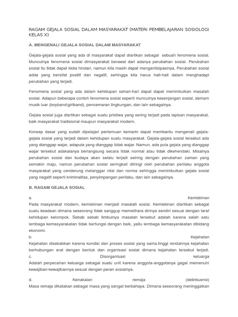 Ragam Gejala Sosial Dalam Masyarakat Materi Pembelajaran Sosiologi Kelas X