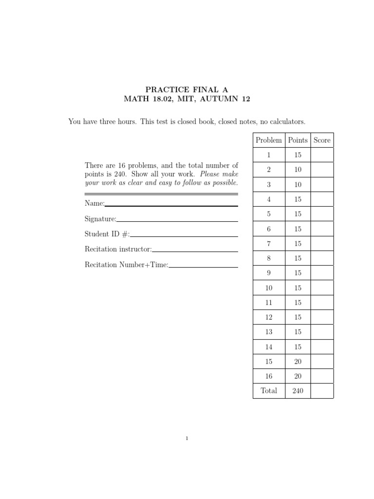 MIT Multivariable Calculus Exam A Solutions | PDF | Partial ...