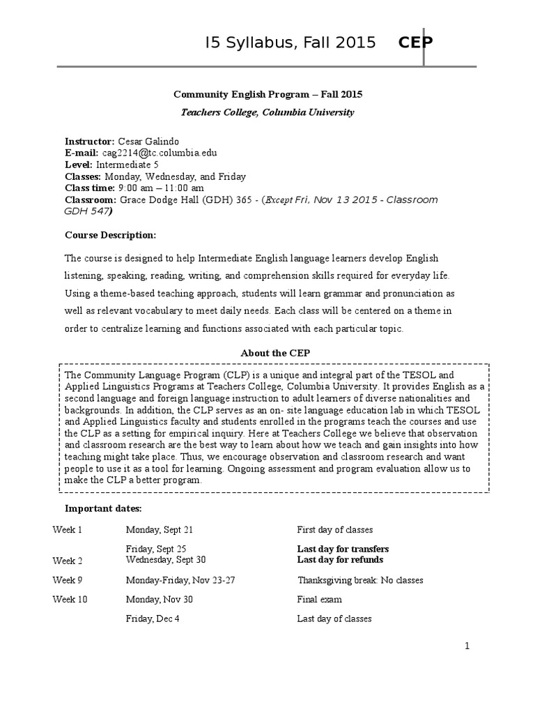 Intermediate English Course Syllabus 2015 | PDF | English As A Second ...