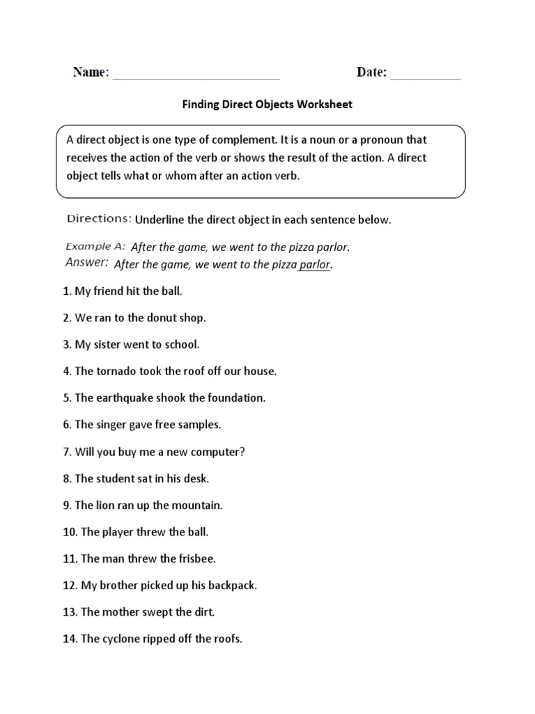 finding direct objects worksheet