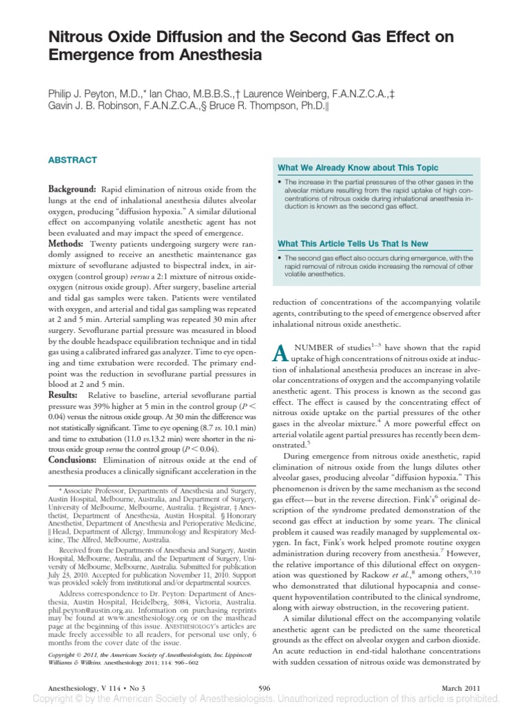 Nitrous Oxide Diffusion and the Second Gas Effect.26 Anesthesia