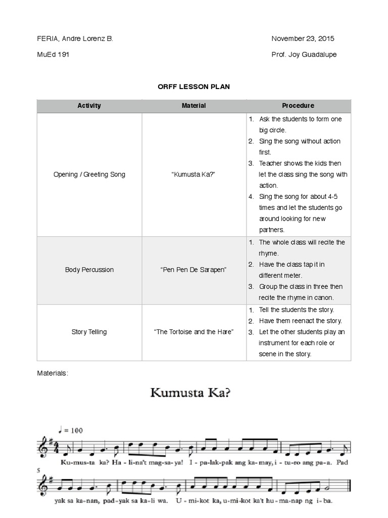 Orff Lesson Plan | PDF | Art