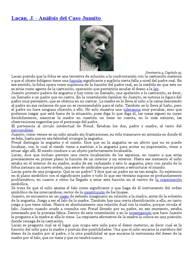 Fobia y deseo en el caso Juanito de Lacan | PDF | Jacques Lacan ...