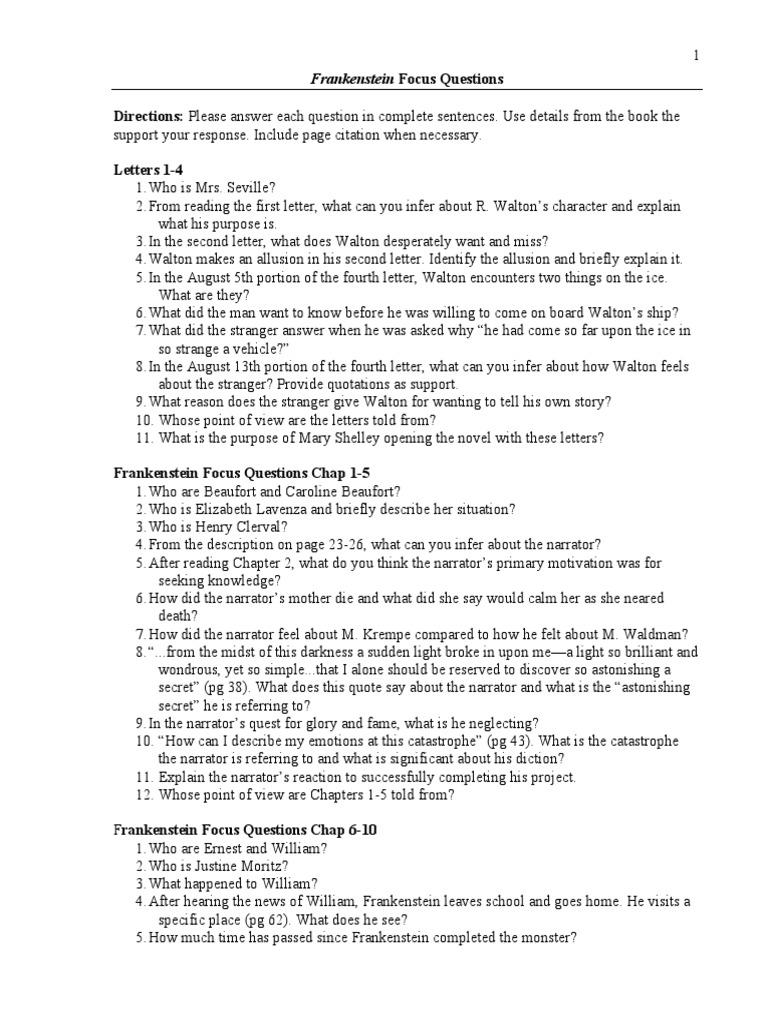 Frankenstein Focus Questions PDF Frankenstein Narration