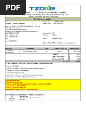 TT 30pcs AVL02 Proforma Invoice TZ20141110De to Jhonny