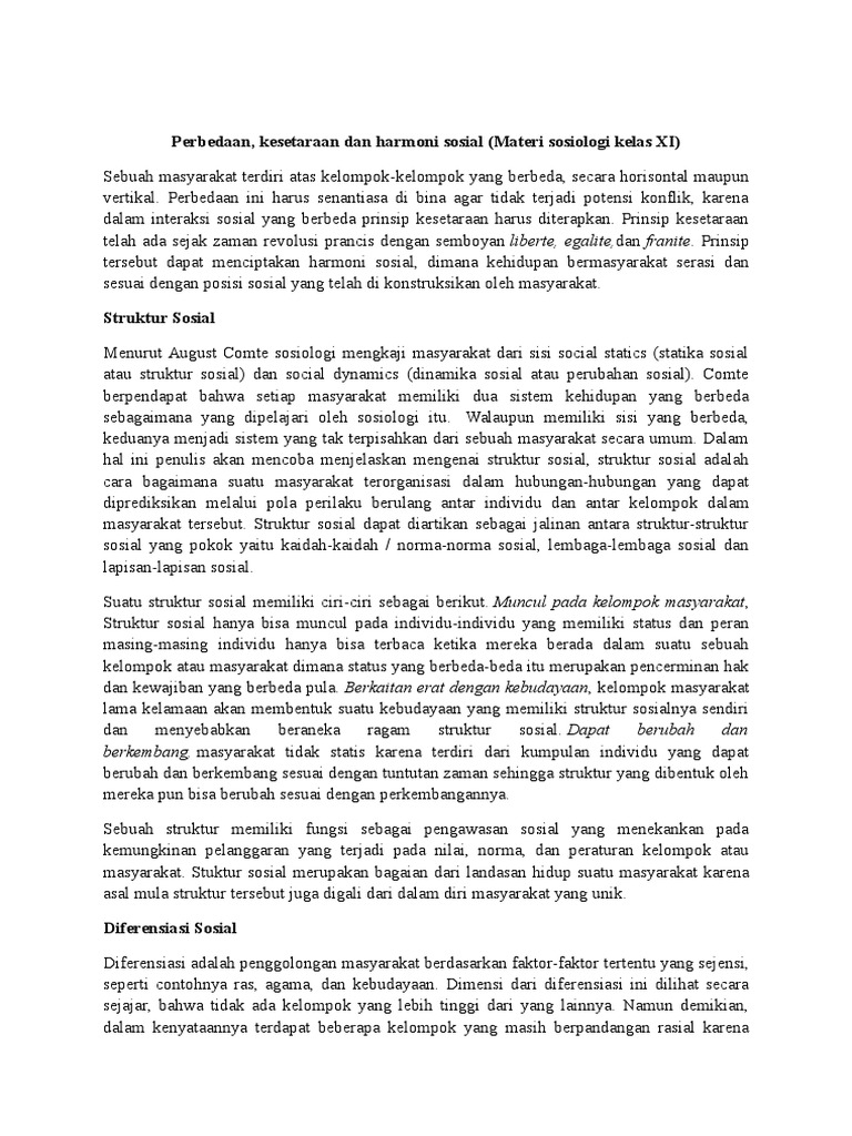 Perbedaan Kesetaraan Dan Harmoni Sosial Materi Sosiologi Kelas Xi