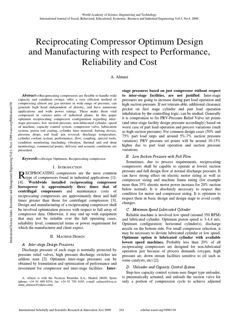Reciprocating Compressor Optimum Design and Manufacturing With Respect ...