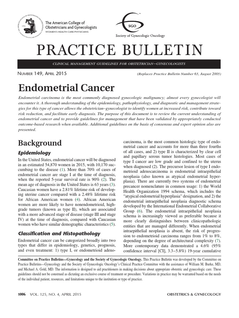 Practice Bulletin: Endometrial Cancer | PDF | Ovarian Cancer | Cancer