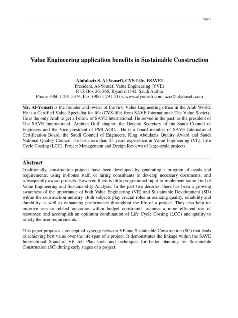 Sustainable Construction Value Engineering | PDF | Sustainability | Design