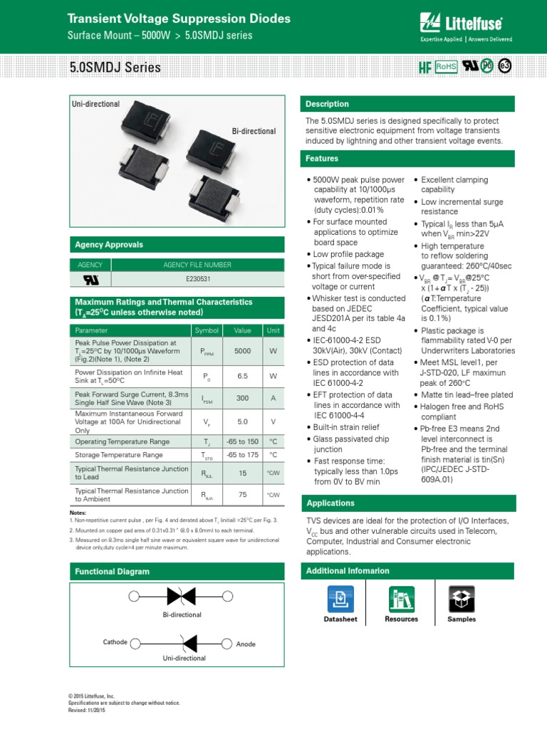 Littelfuse TVS Diode 5 0SMDJ Datasheet.pdf Diode Electronics