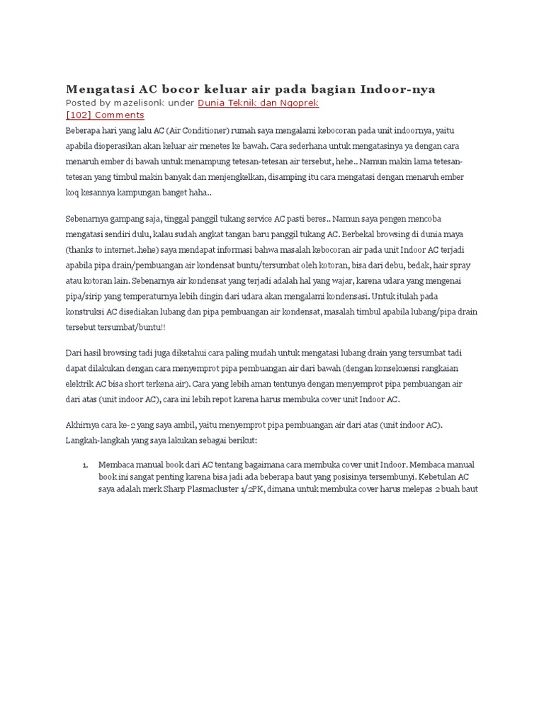 Mengatasi AC Bocor Keluar Air Pada Bagian Indoor AC SHARP