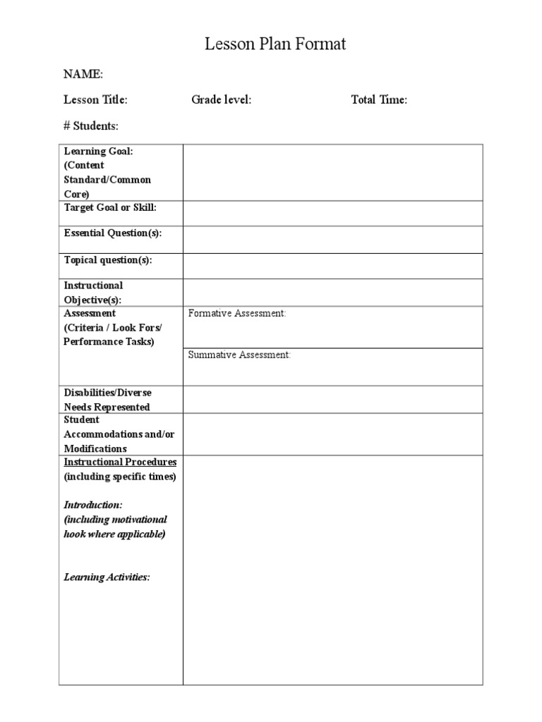 Lesson Plan Format: Name: Lesson Title: Grade Level: Total Time ...