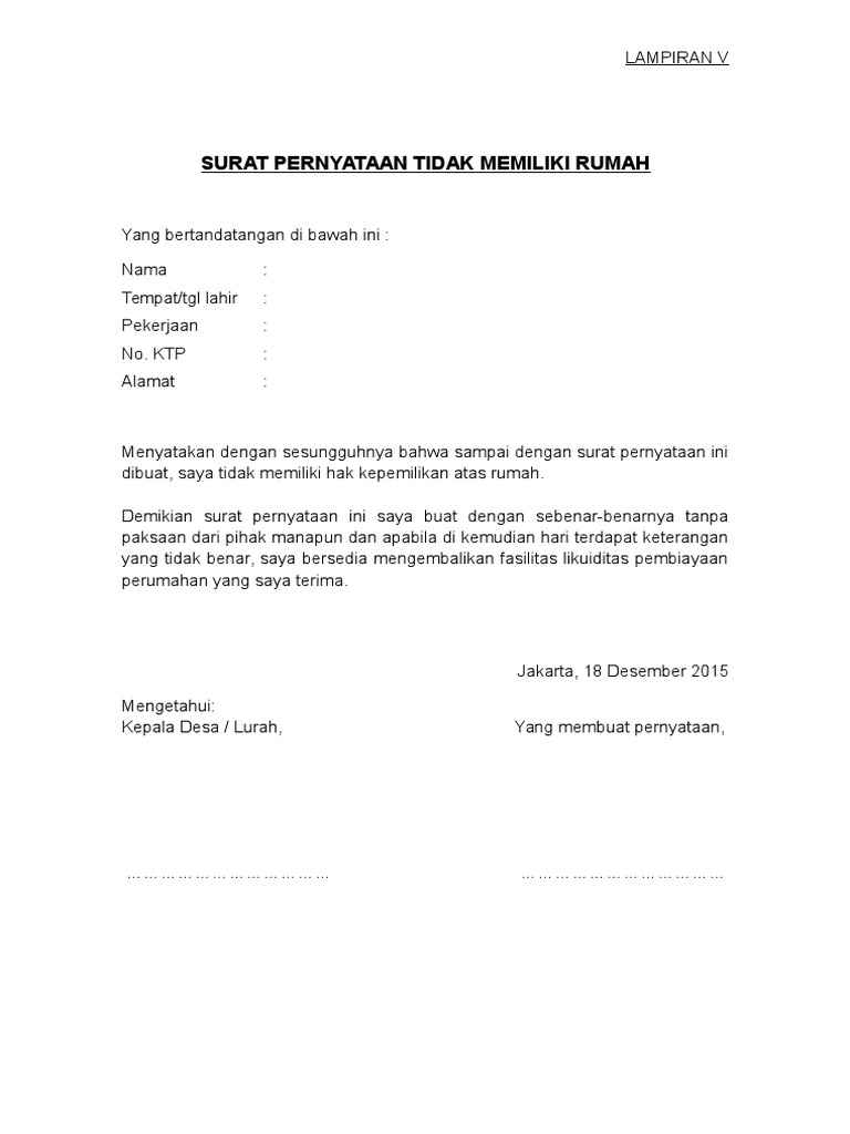 Form Surat Pernyataan Belum Memiliki Rumah Pdf