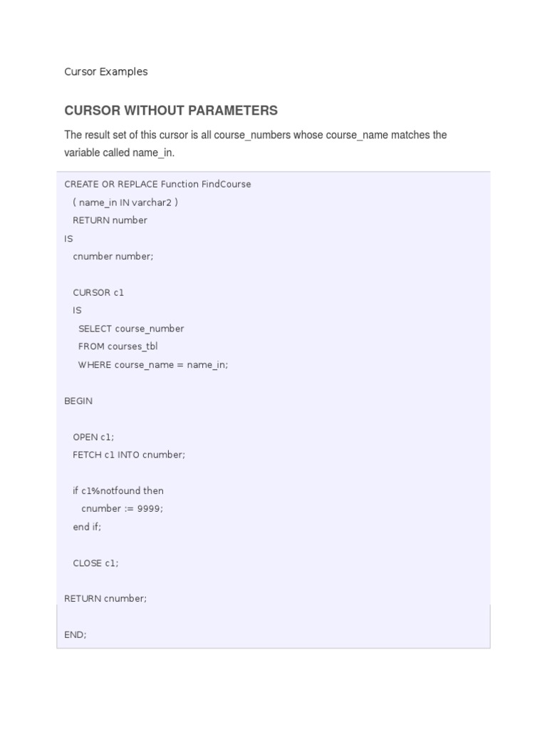 Cursor Examples | PDF | Control Flow | Pl/Sql