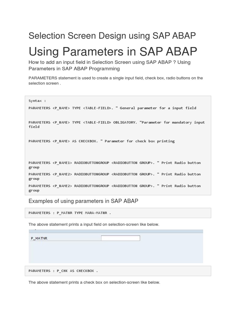 SAP ABAP Selection Screen Parameters | PDF | Parameter (Computer ...