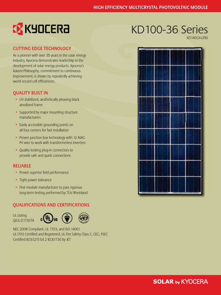 Kyocera 140W Modulo Solar Photovoltaics Solar Energy