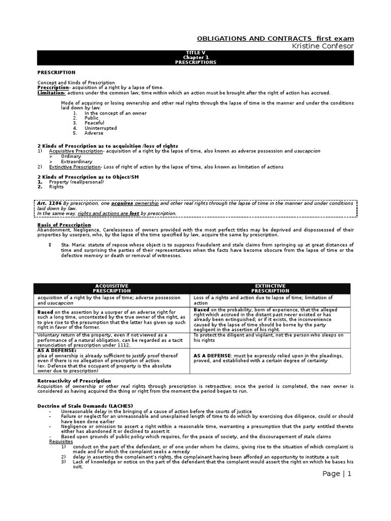 Oblicon Provision Notebook + Cases | PDF | Lease | Laches (Equity)