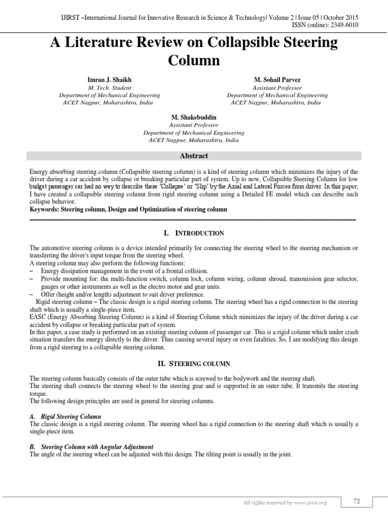 A Literature Review On Collapsible Steering Column PDF Steering