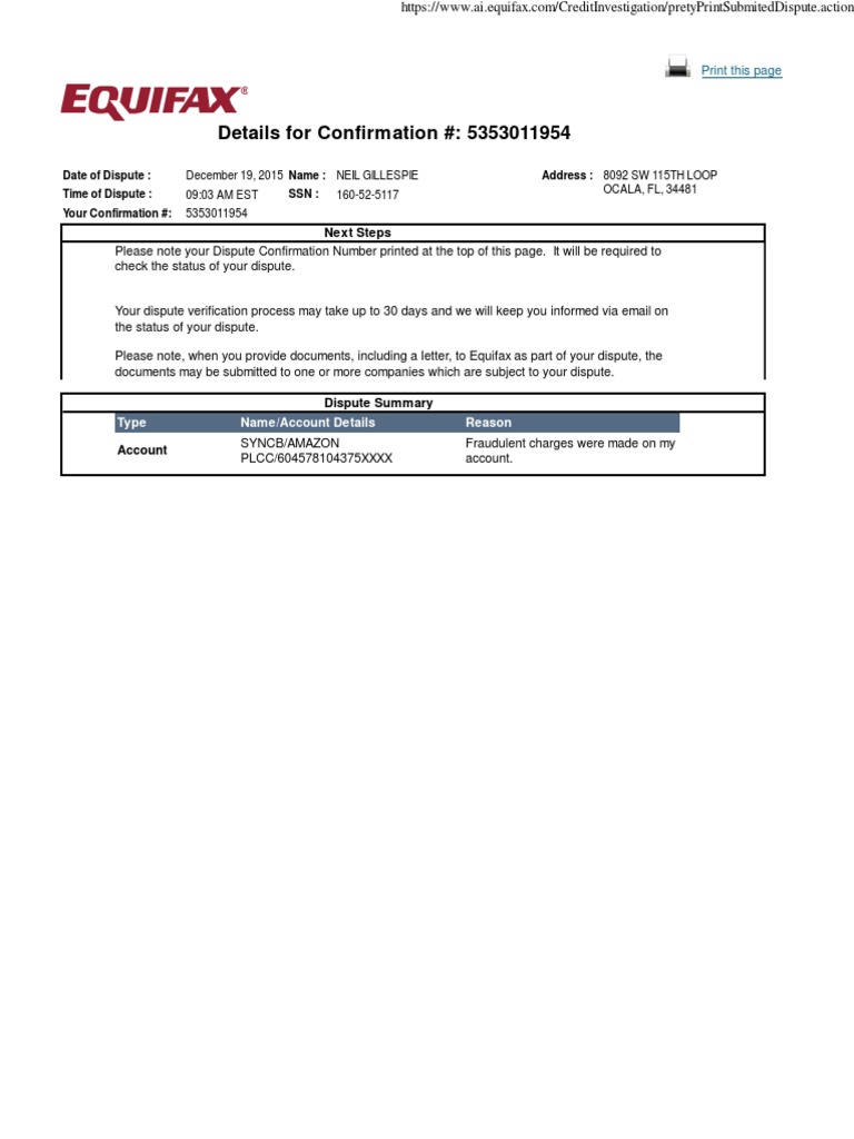 equifax online dispute 5353011954 synchrony bank amazon