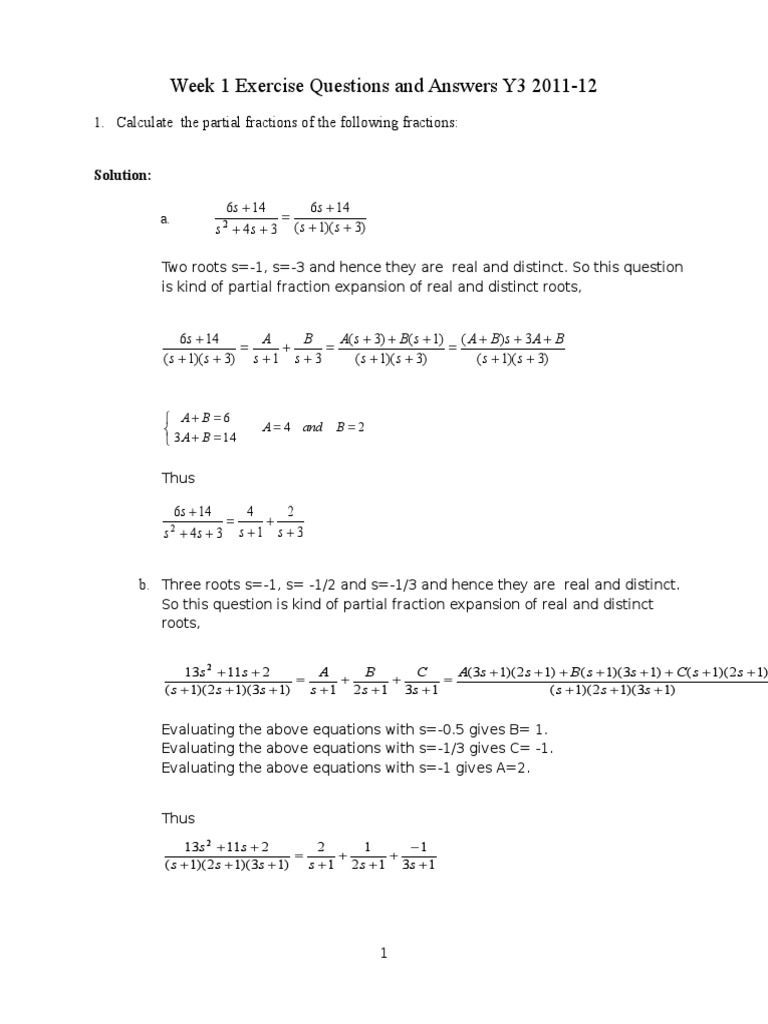 Week 1 Exercise Questions and Answers - Control Y3 2011-12 | PDF ...