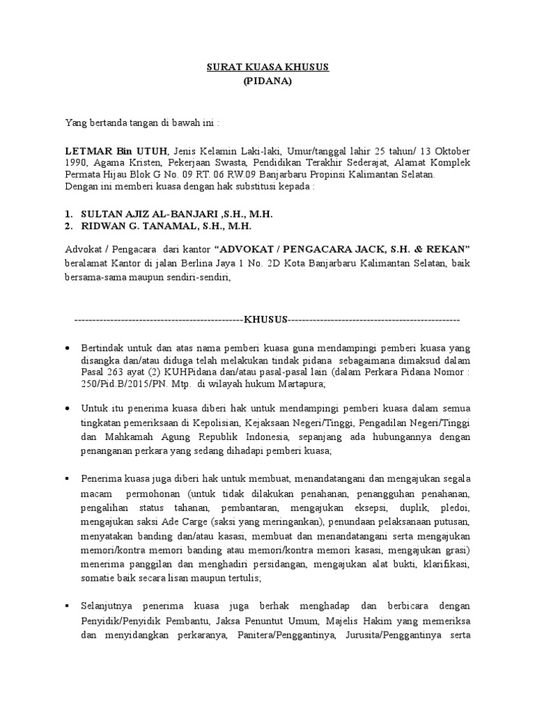 Surat Kuasa Kepada Lawyer