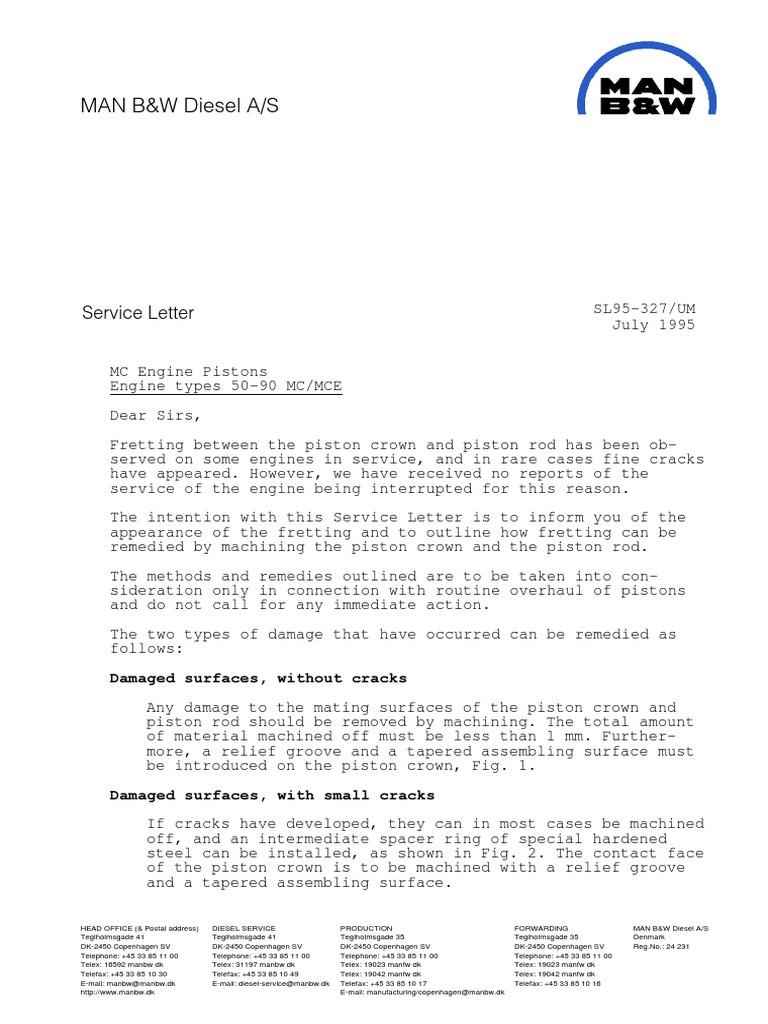 SL95 Service Letter on Engine Pistons | PDF | Piston | Diesel Engine