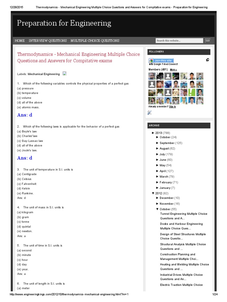 Thermodynamics - Mechanical Engineering Multiple Choice Questions and ...