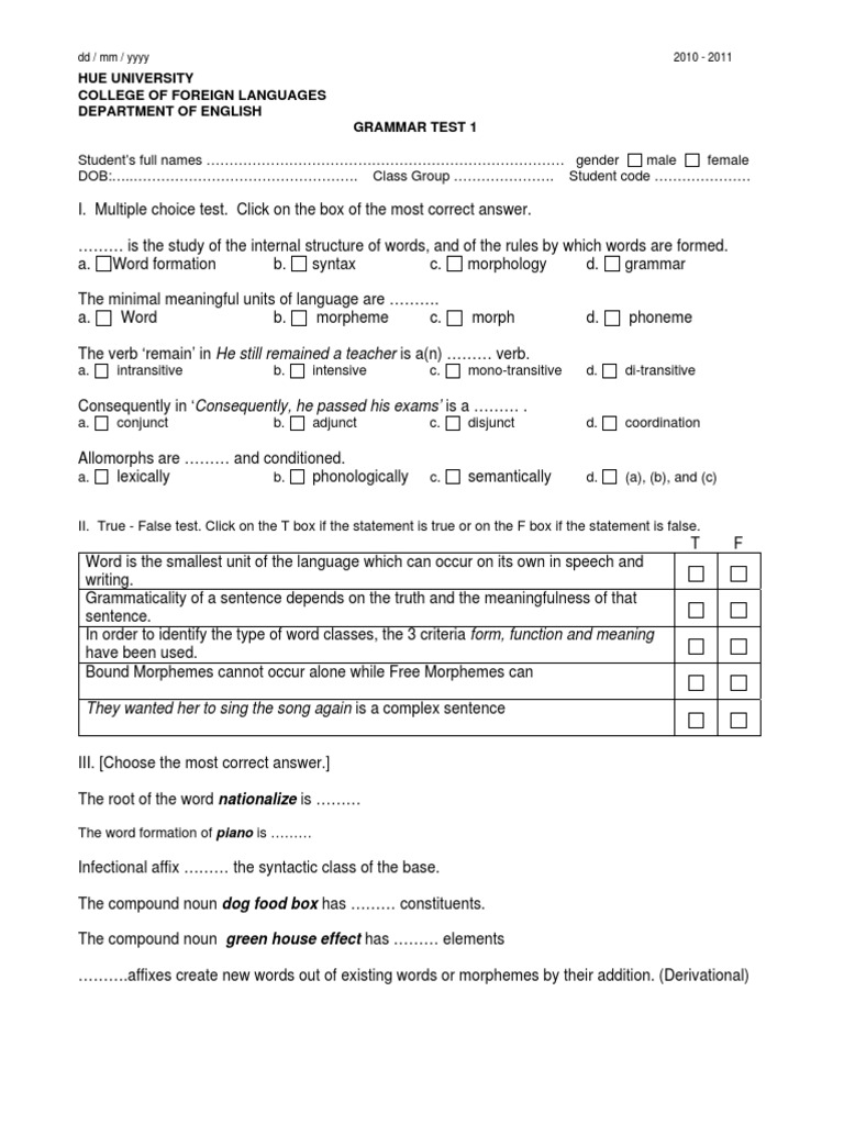 English Grammar Test for Students | PDF | Language Arts & Discipline