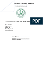 International Islamic University, Islamabad: LAB EXPERIMENT # 1: Using MATLAB For Control Systems