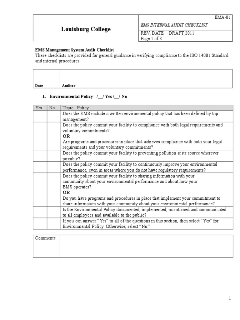 College EMS Self Audit Checklist | PDF | Internal Audit | Audit