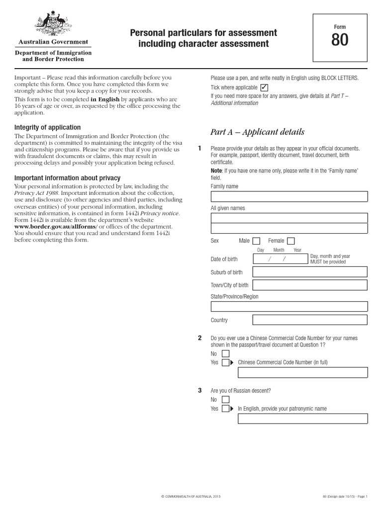 Personal Particulars For Assessment Including Character Assessment Form 80 PDF Identity