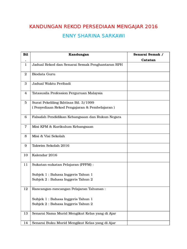 Senarai Semak Bahan Rekod Persediaan Mengajar 2016