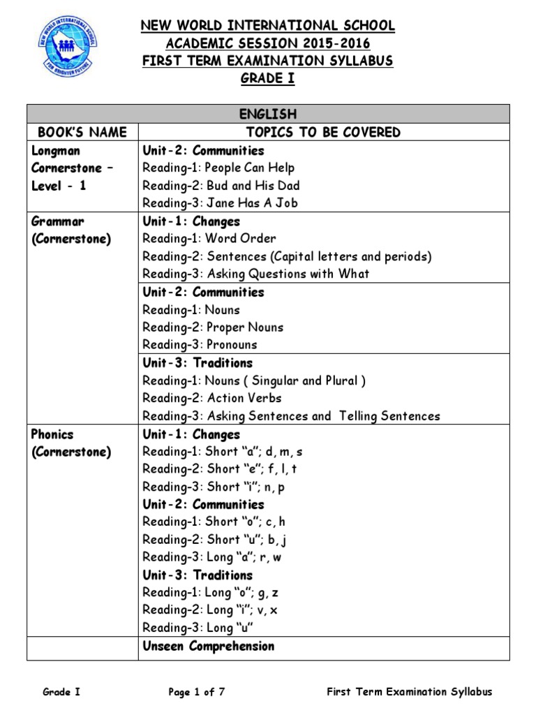 Grade 1 First Term Exam Syllabus | PDF | Noun | Life
