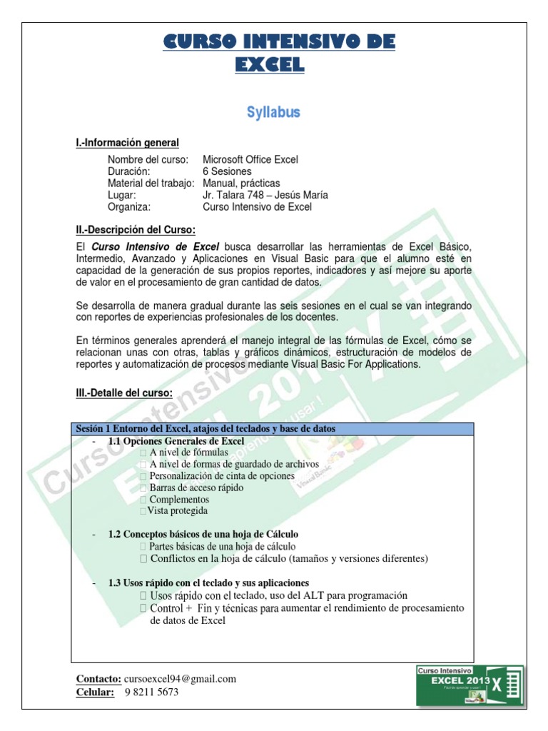 Syllabus Curso Intensivo de Excel PDF | PDF | Microsoft Excel | Hoja de ...