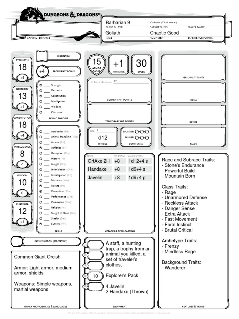 DnD 5e Goliath Barbarian 9 Gaming Role Playing Games