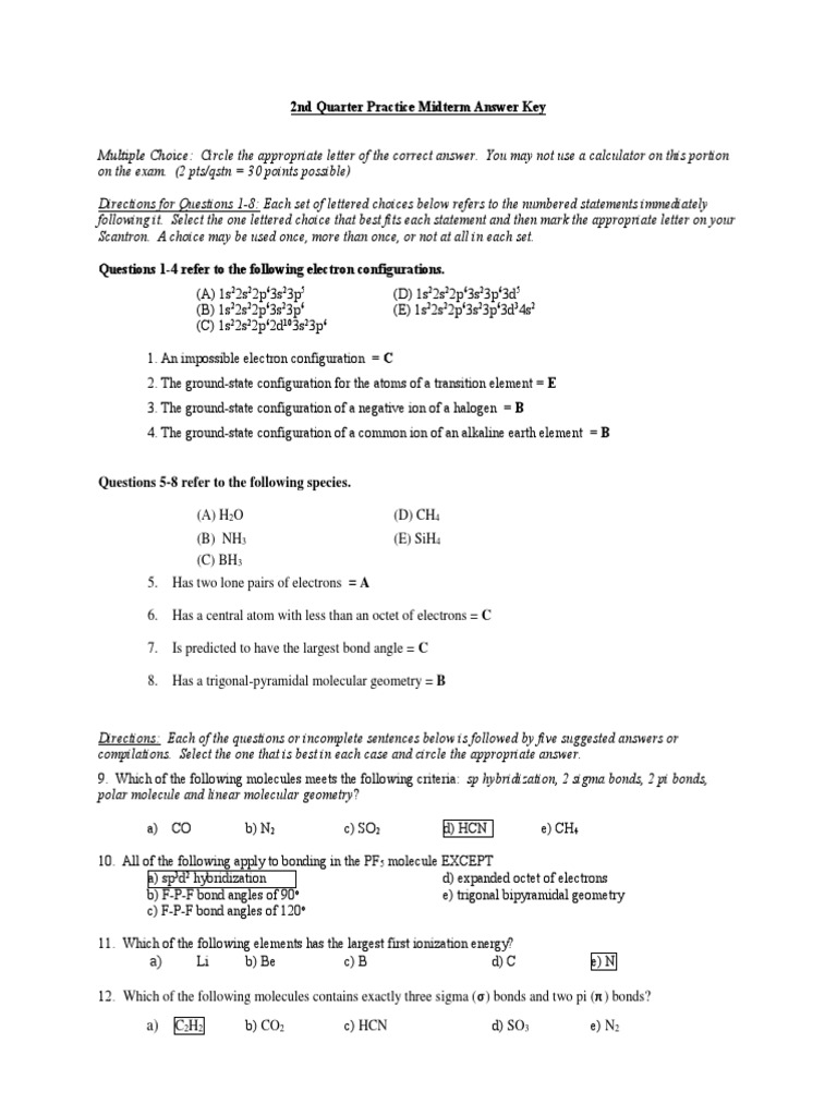 2ndqtrpracticemt Answer Key Chemical Polarity Chemical Bond