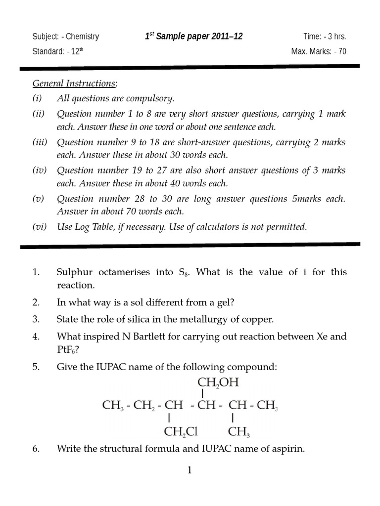 Chemistry - Sample Paper 1 | PDF