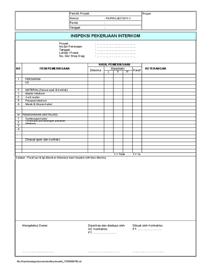 Form Checklist Inspeksi Pekerjaan Interkom | PDF