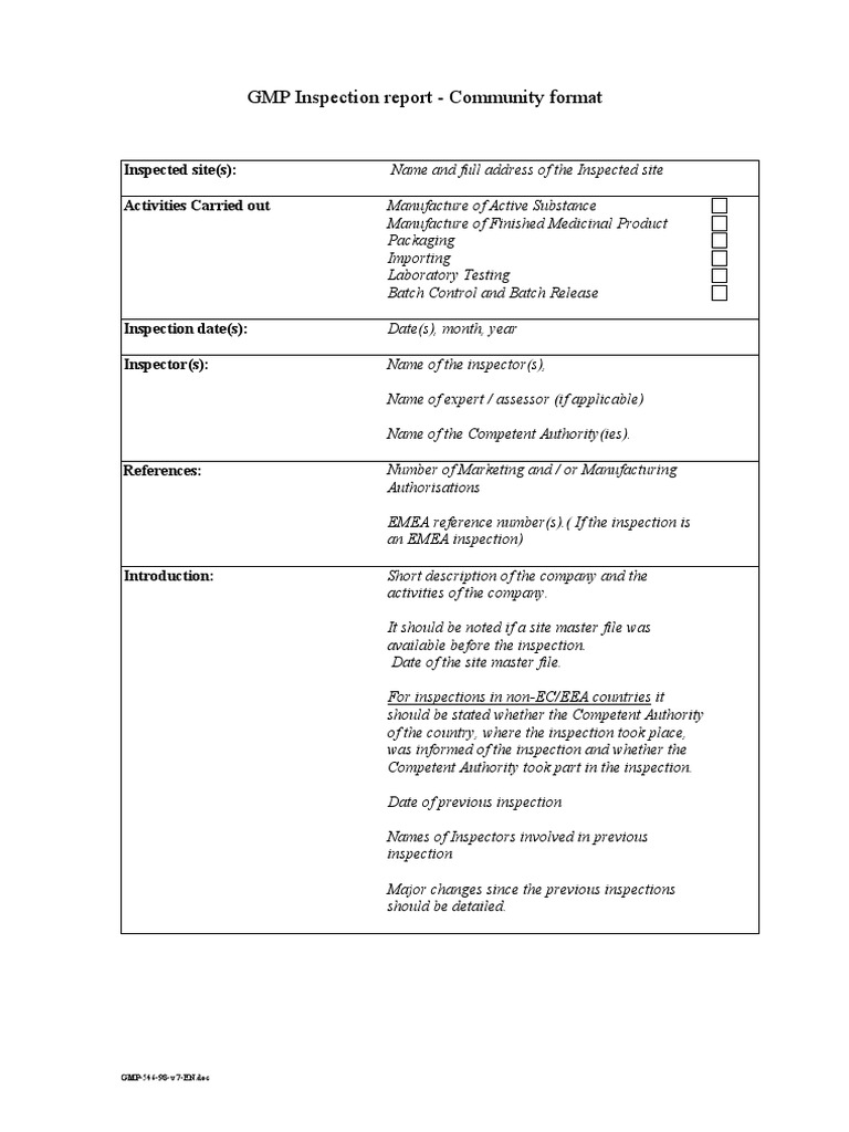 GMP Inspection Report - Community Format: Inspected Site(s ...