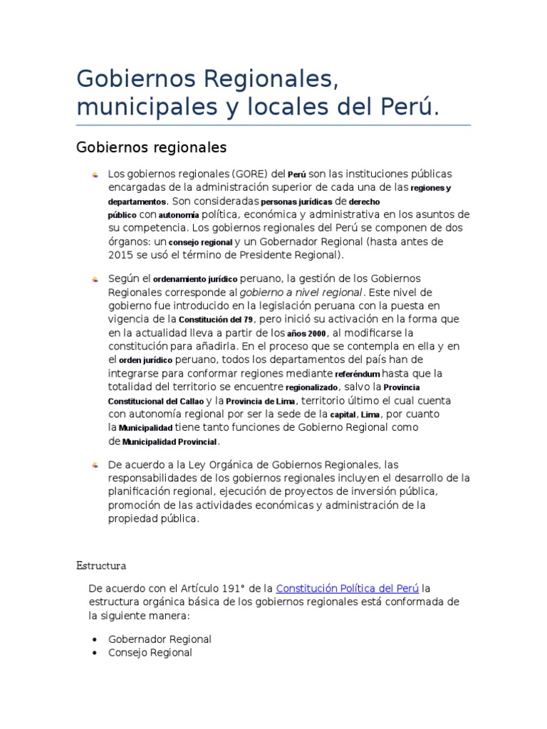 Gobiernos Regionales del Perú: Estructura y Funciones | PDF | Gobierno ...