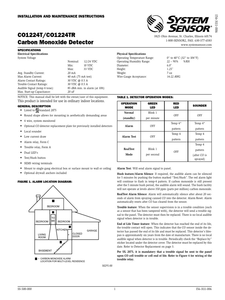 System Sensor CO1224T - 4-Wire CO Detector Installation Manual | PDF ...