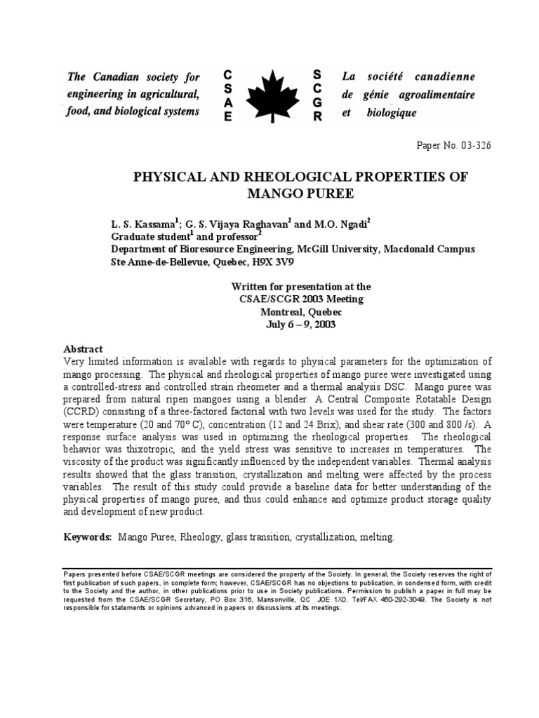 Physical and Rheological Properties of Mango Puree PDF Differential