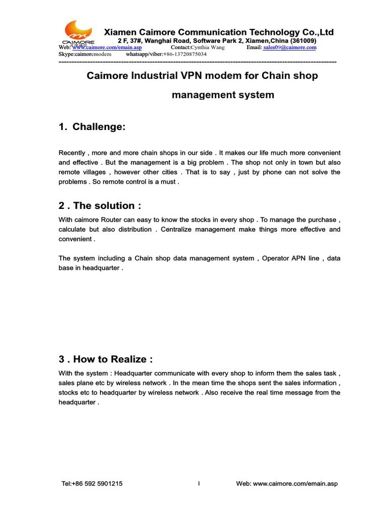 Caimore Industrial VPN Router For Chain Shops Management System | PDF ...