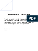 Membership Certificate: This Is To Certify That Mr. Manish Kumar Son of