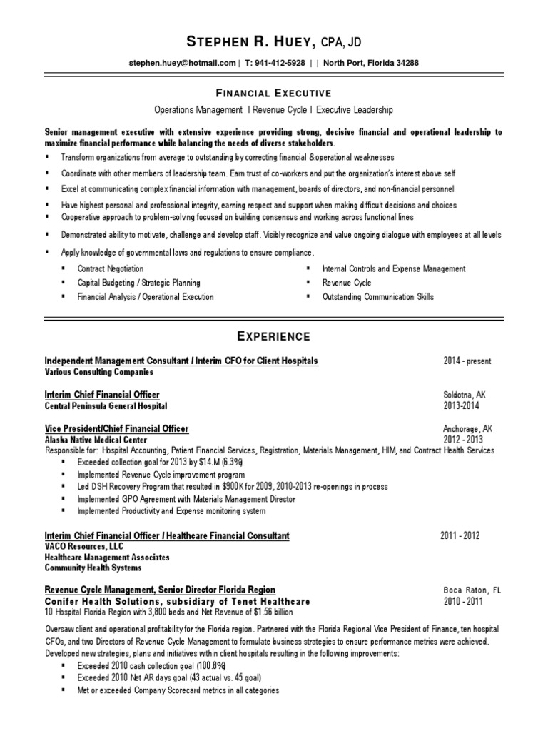 Chief Financial Officer Healthcare in United States Resume Stephen Huey