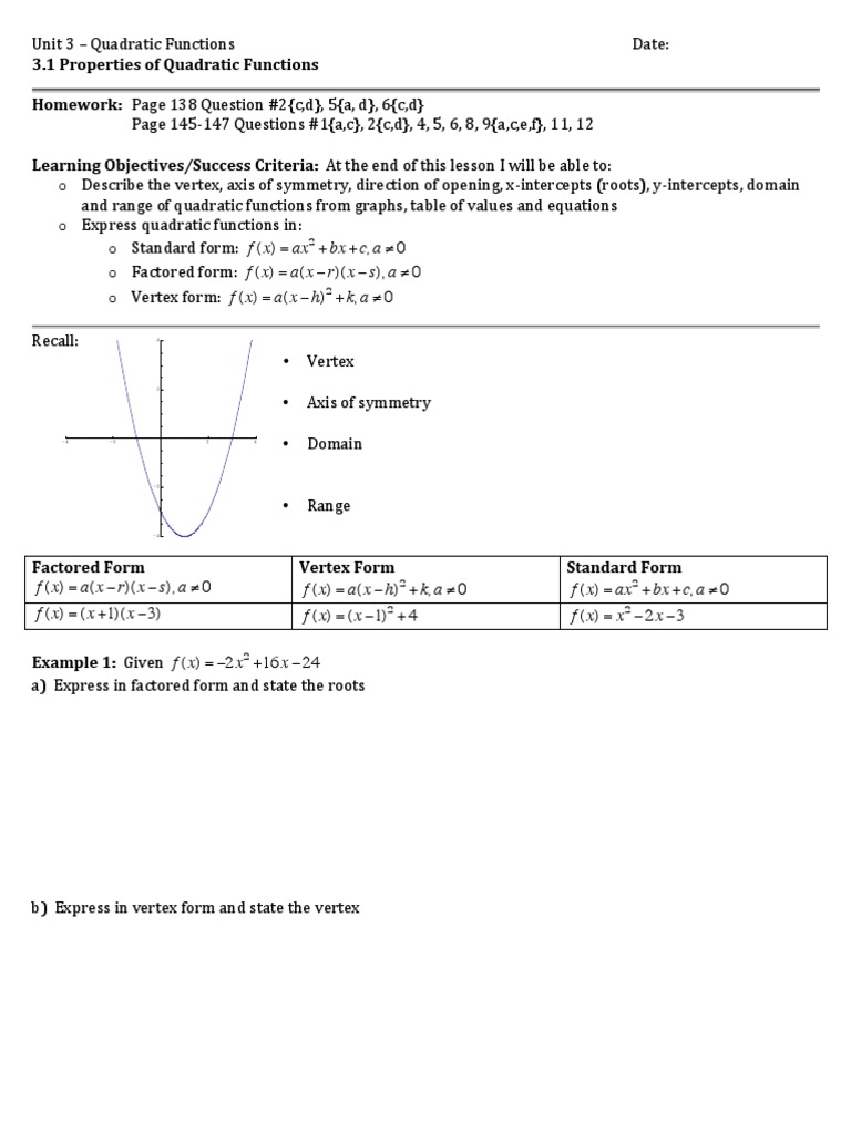 3.1 Intro To Quadratics | PDF | Quadratic Equation | Mathematical Relations