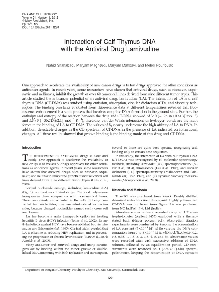 Interaction of Calf Thymus DNA With The Antiviral Drug Lamivudine PDF